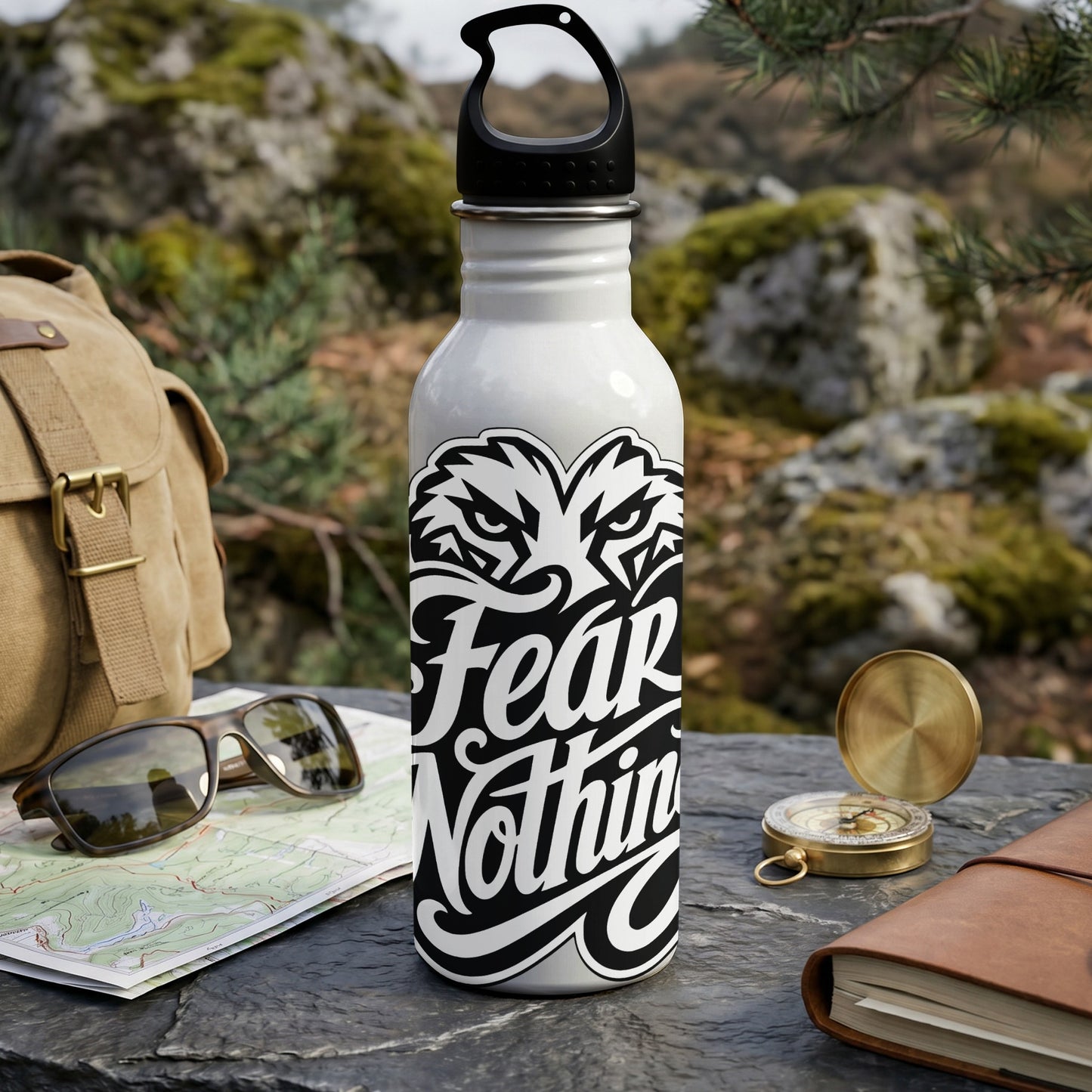 White reusable water bottle with black "Fear Nothing" text and eagle design.