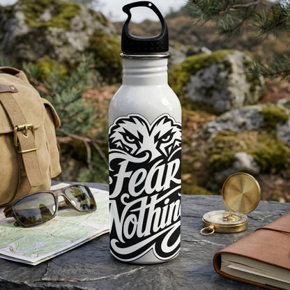 White reusable water bottle with black "Fear Nothing" text and eagle design.