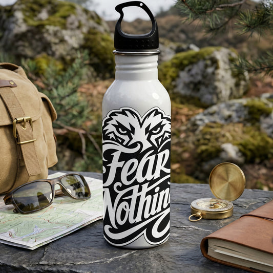 White reusable water bottle with black "Fear Nothing" text and eagle design.