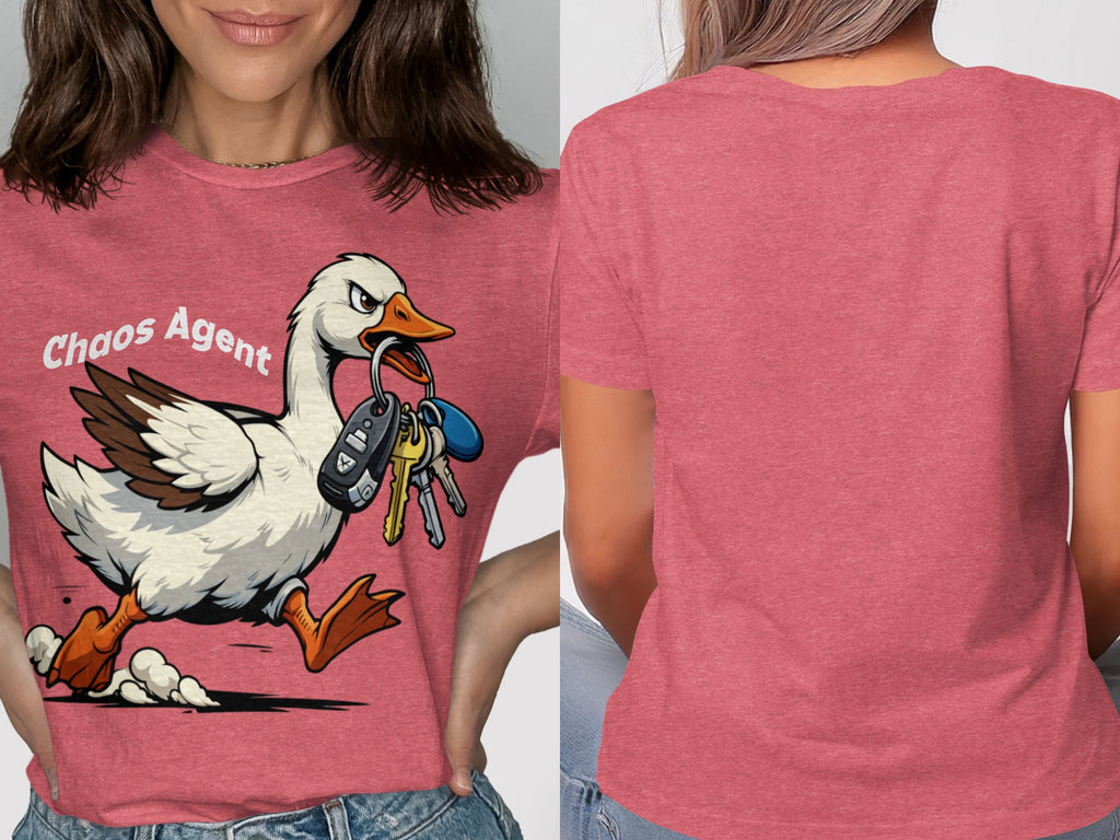 Shirt with a goose holding keys and text reading "Chaos Agent"