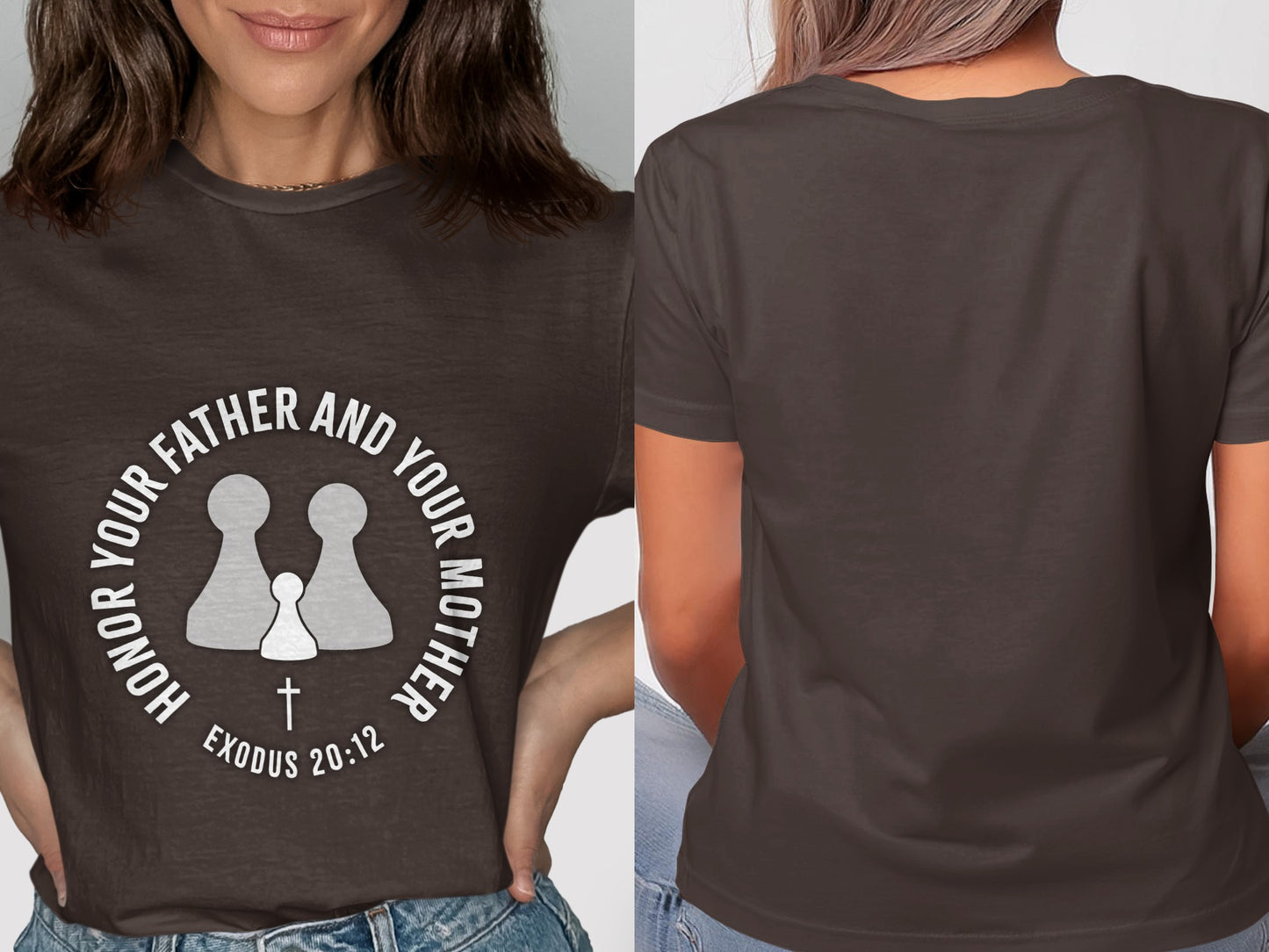 Brown t-shirt with text "Honor Your Father and Your Mother" and Exodus 20:12.