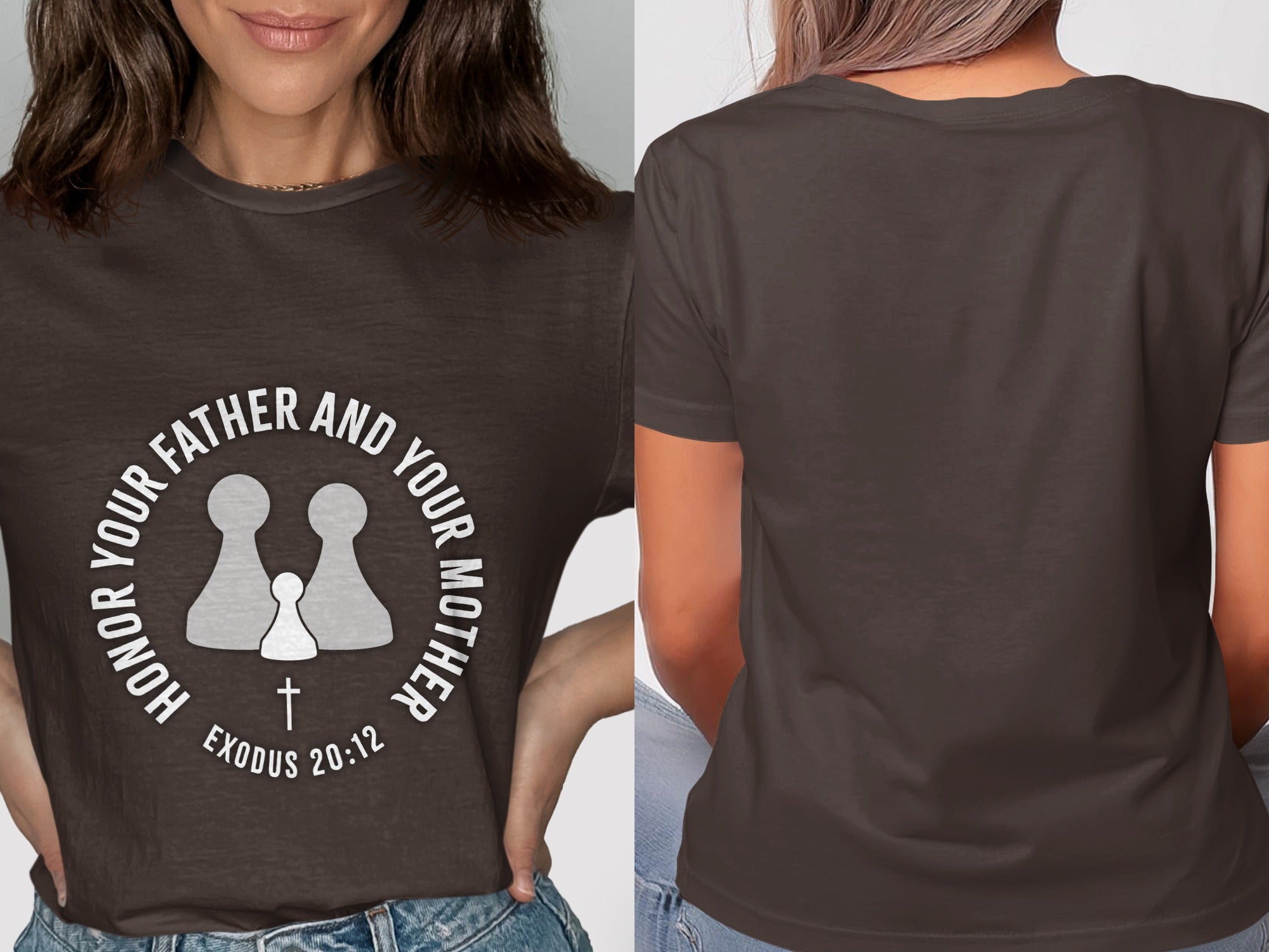 Brown t-shirt with text "Honor Your Father and Your Mother" and Exodus 20:12.