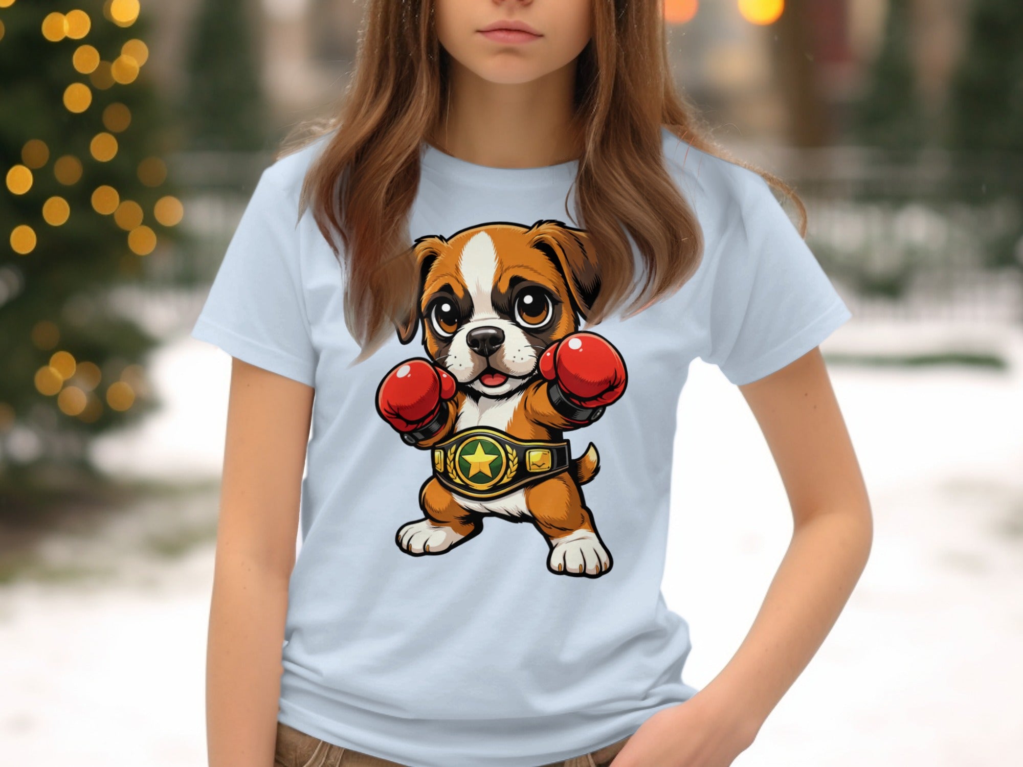 Cartoon boxer dog with red gloves and championship belt on light blue t-shirt.