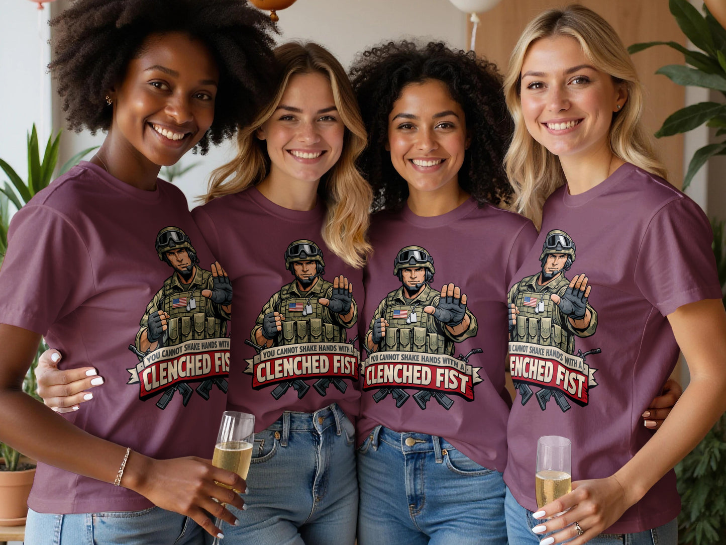Four women smile, wearing shirts with a soldier graphic and text.