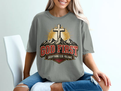 Mens gray t-shirt with "God First Everything Else Follows" text and cross graphic.