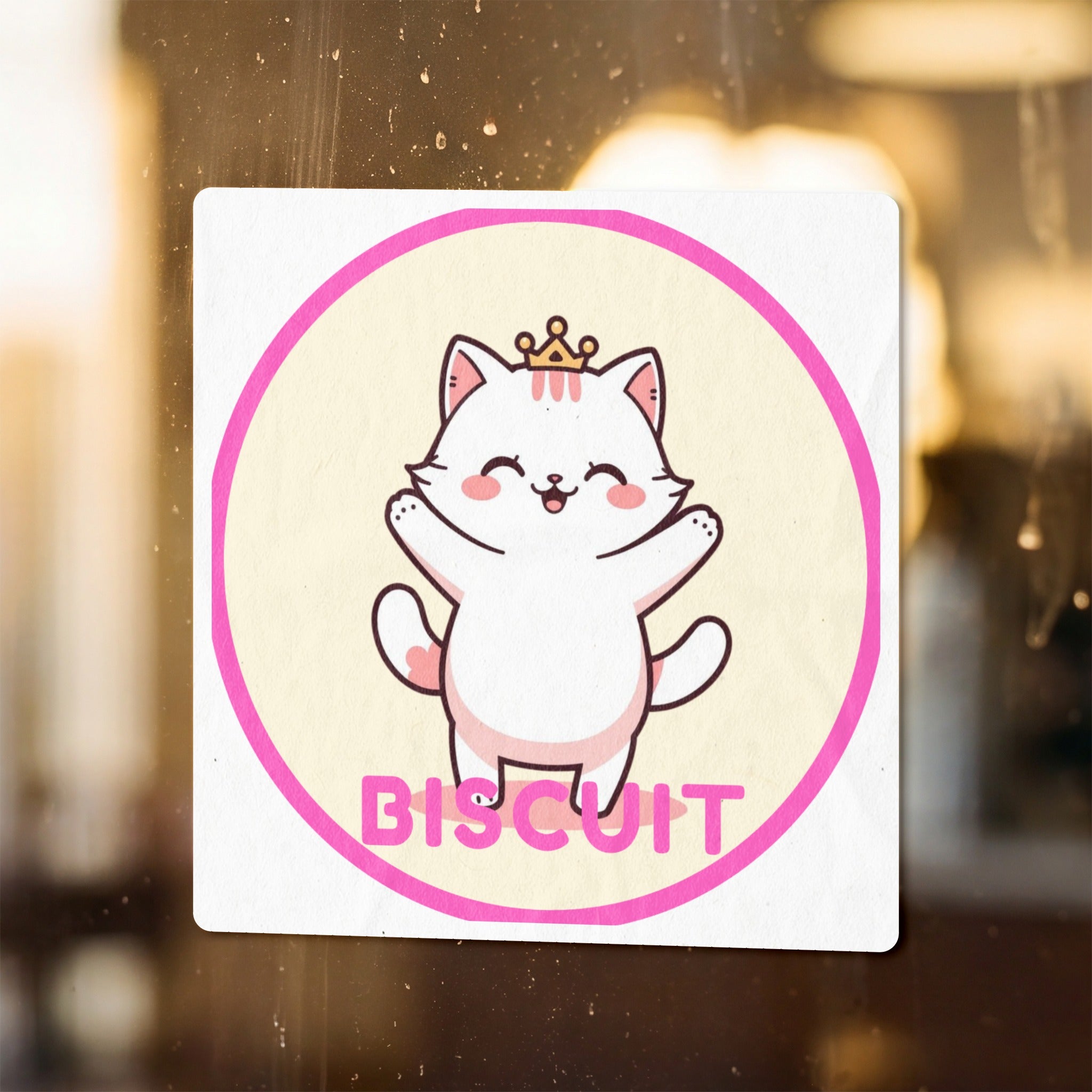 White cat wearing a crown, with "BISCUIT" text below, inside a pink and yellow circle.