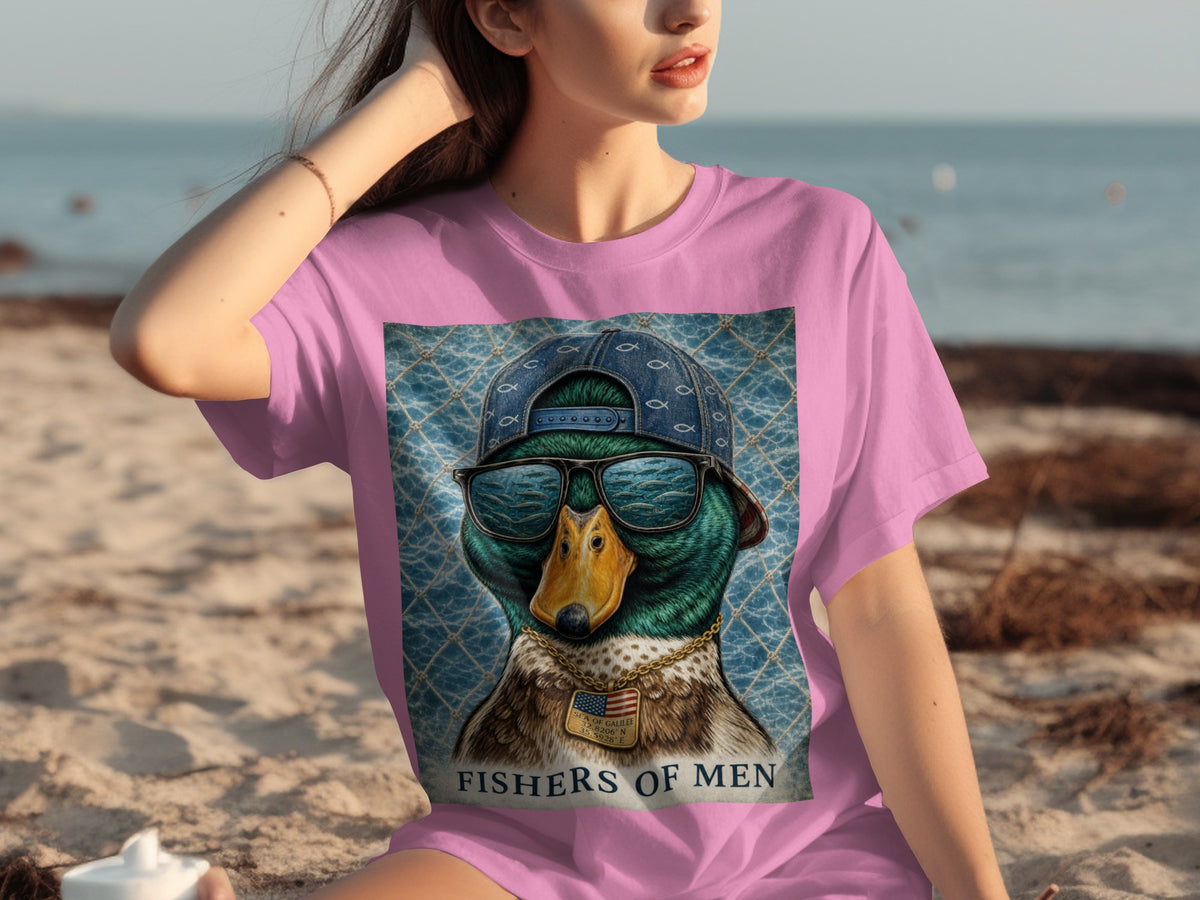 Duck wearing sunglasses and a hat, with "FISHERS OF MEN" text.