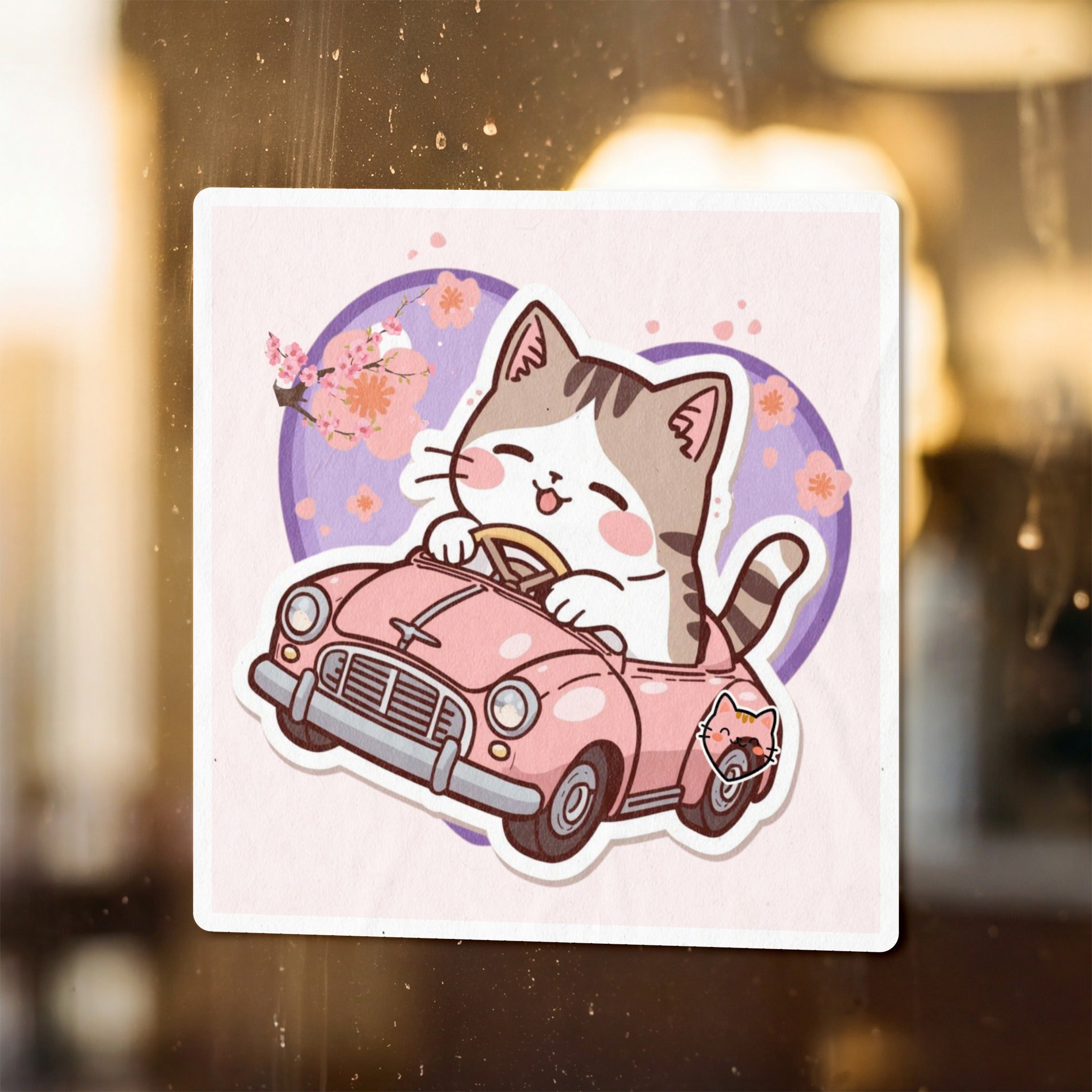 Cute cat driving a pink convertible, with a heart and cherry blossoms in the background.