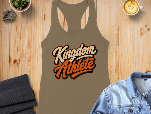Tan racerback tank top with "Kingdom Athlete" text design.