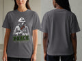 Dark gray t-shirt with front graphic of a soldier holding roses and text "PEACE".