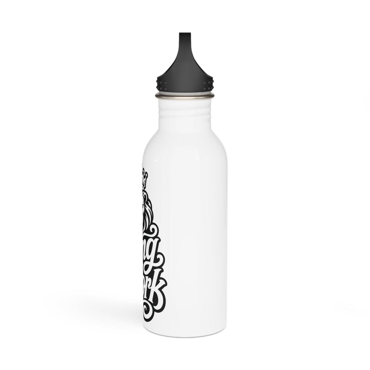 White water bottle with black lid and ornate black lettering that reads "King Arthur".