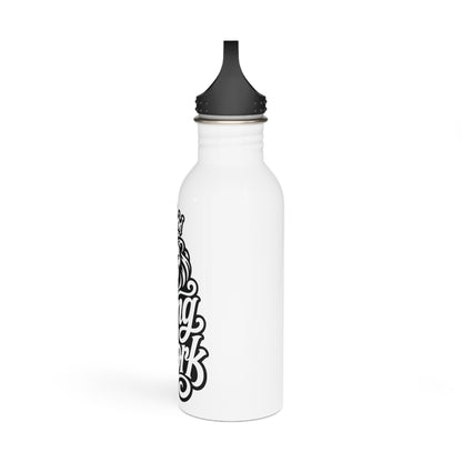 White water bottle with black lid and ornate black lettering that reads "King Arthur".