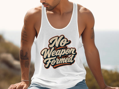 White tank top with "No Weapon Formed" text and graphic design.