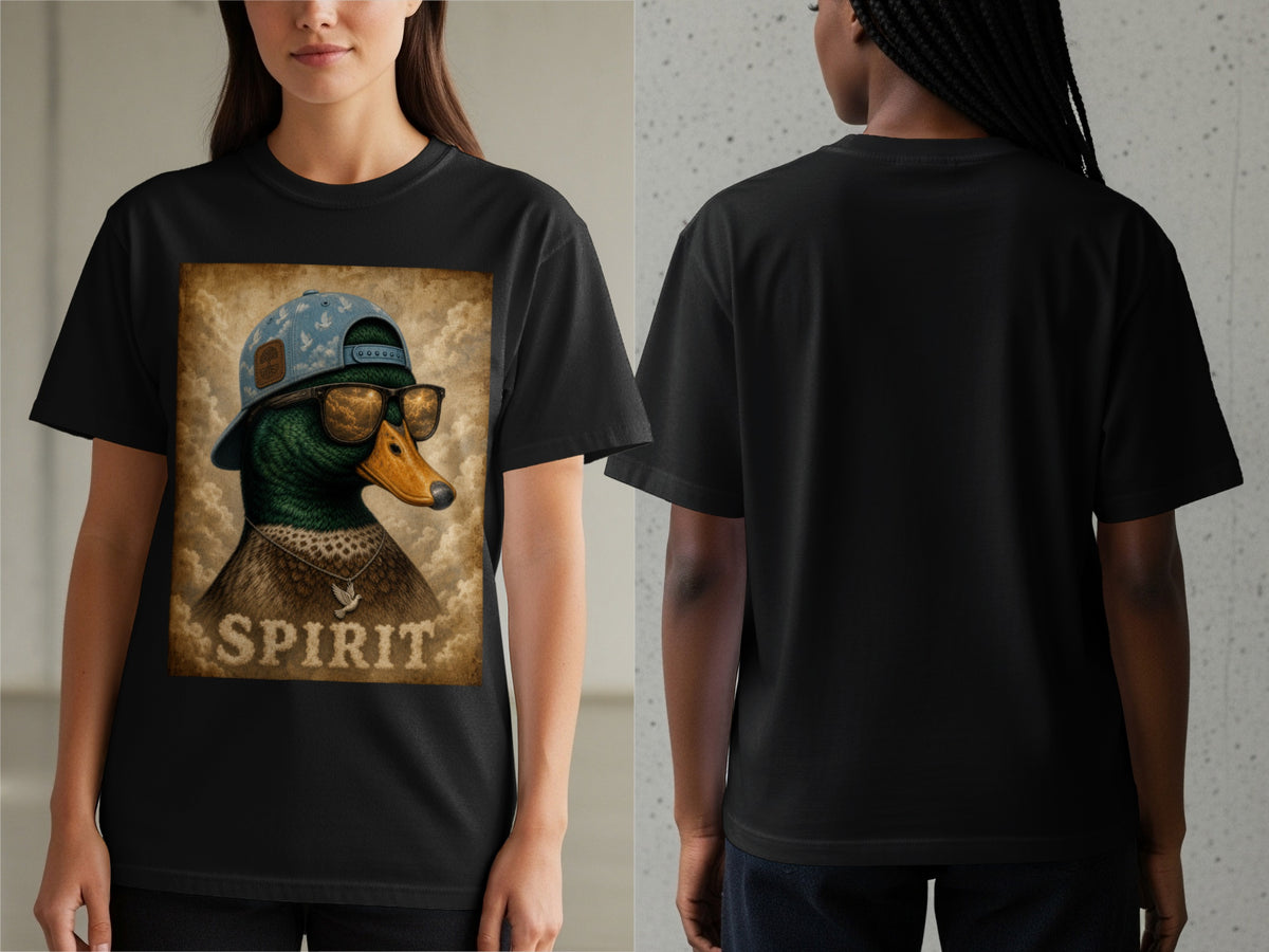 Black t-shirt with graphic of duck wearing sunglasses and baseball cap, "SPIRIT" text.
