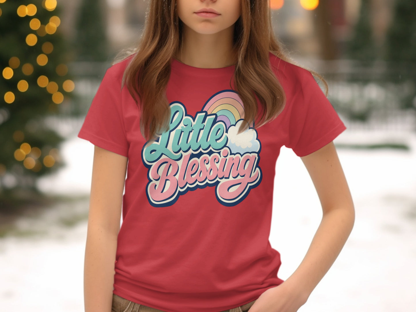 Red t-shirt with "Little Blessing" text and rainbow graphic.