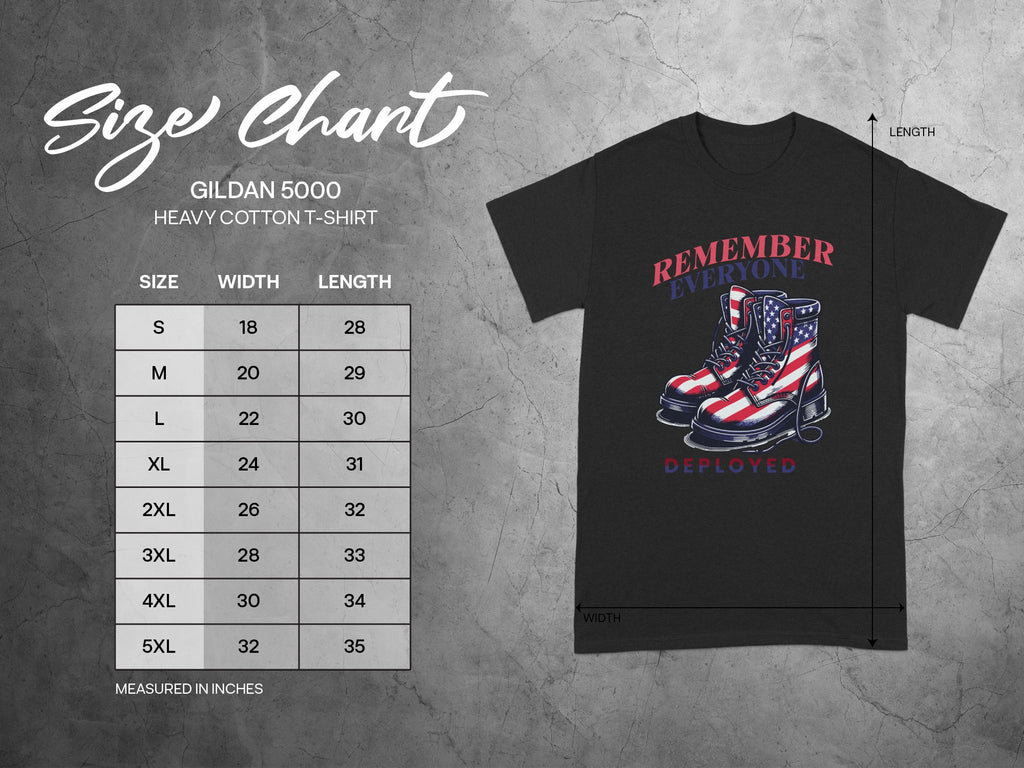 Gildan 5000 Heavy Cotton T-Shirt size chart with graphic of American flag boots.