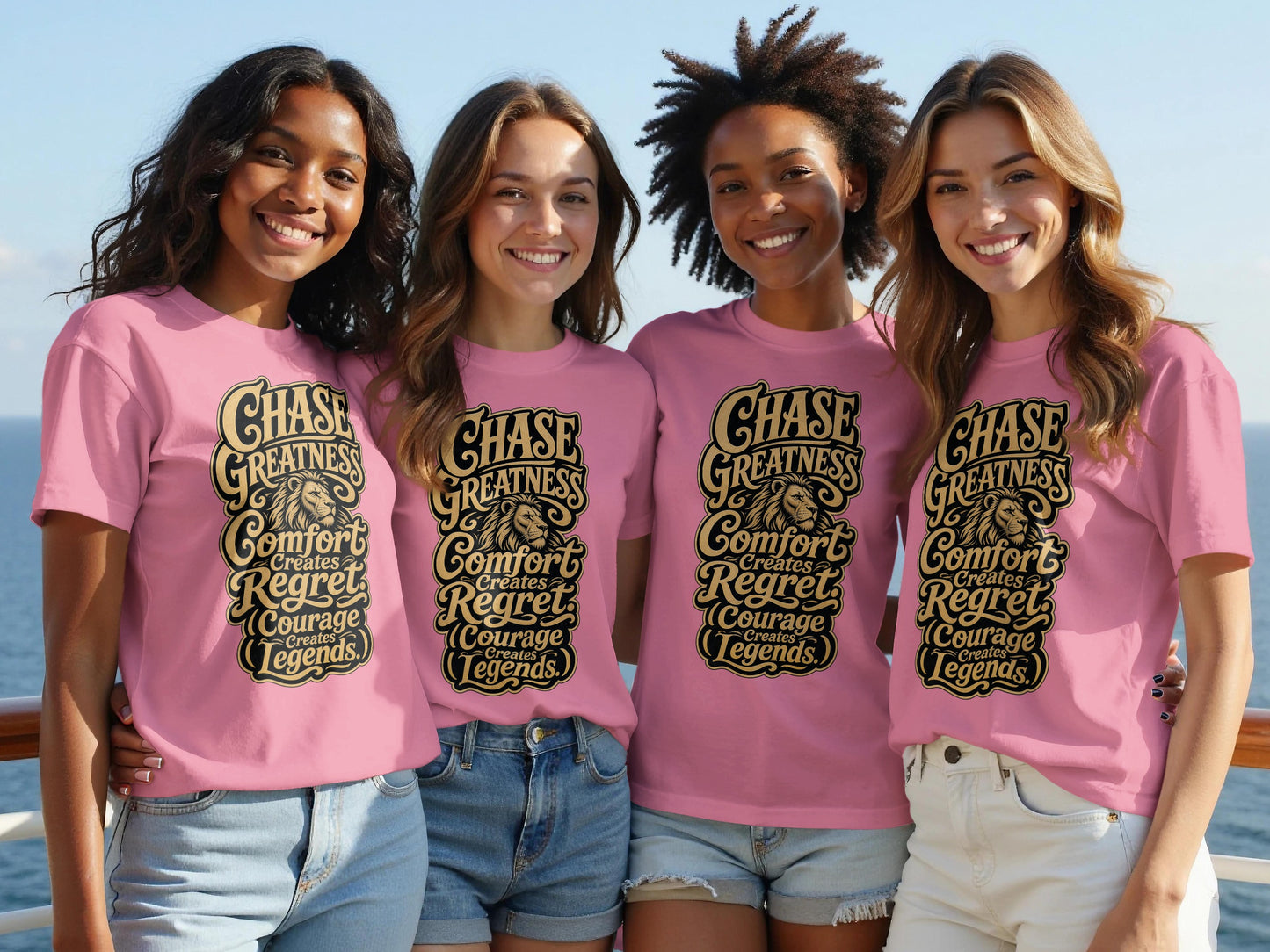 Four women model pink t-shirts with "Chase Greatness" text and a lion graphic.