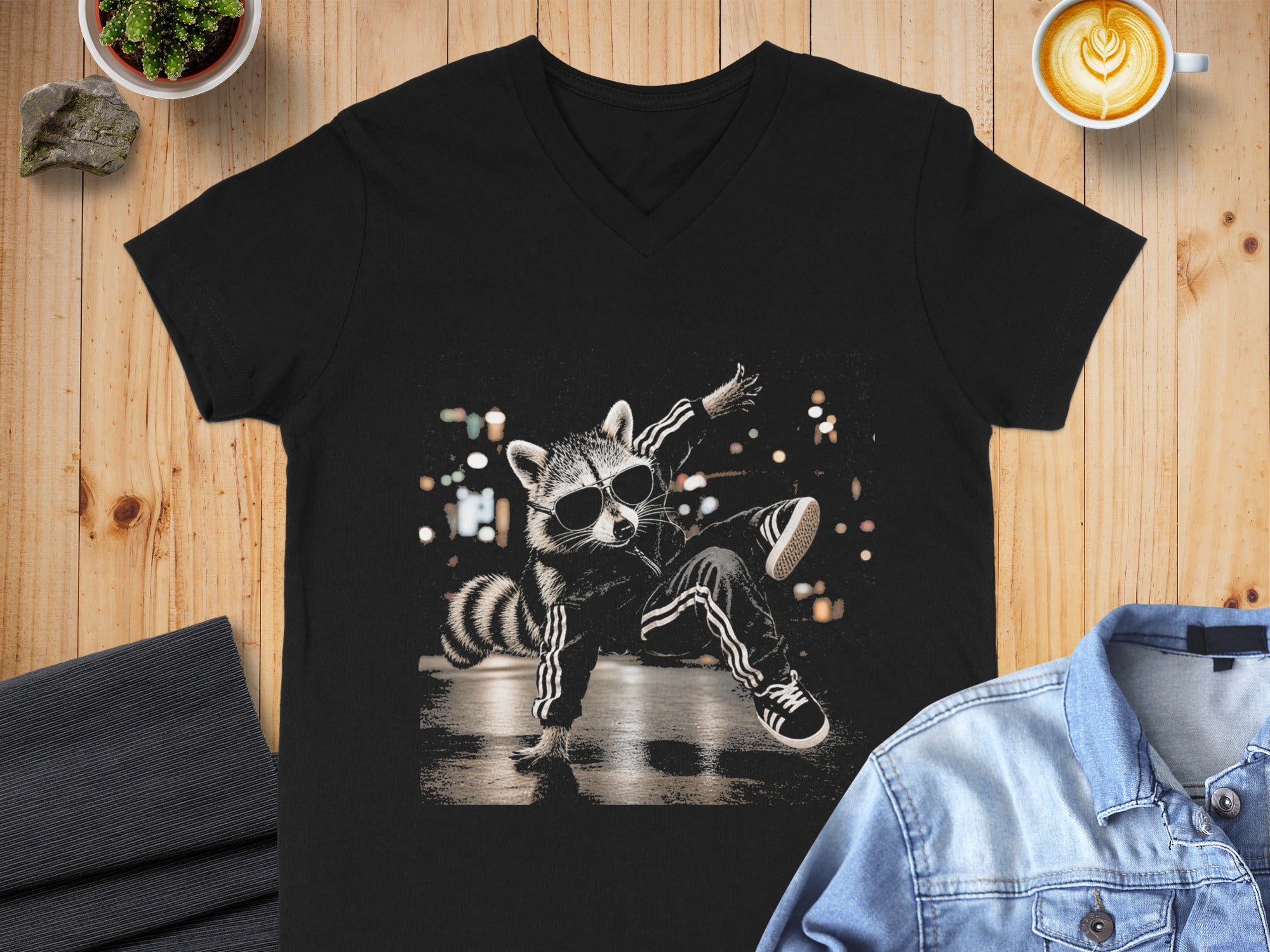 Black t-shirt with a dancing raccoon wearing sunglasses and a tracksuit.