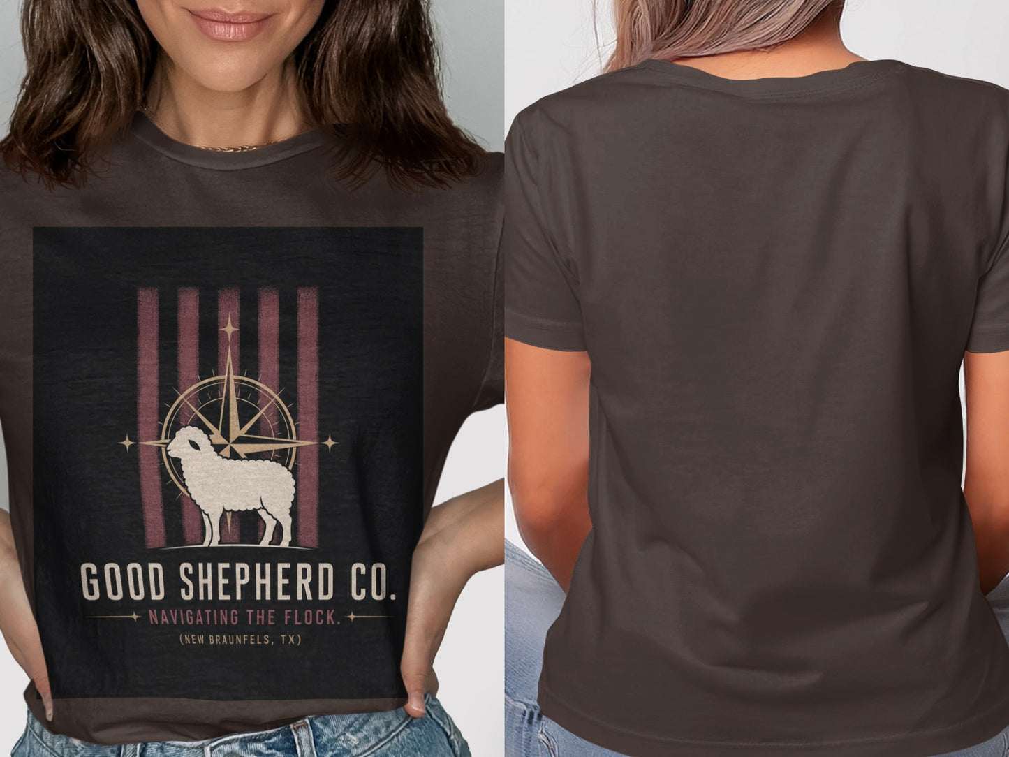 Dark grey t-shirt with Good Shepherd Co. logo featuring a sheep and compass