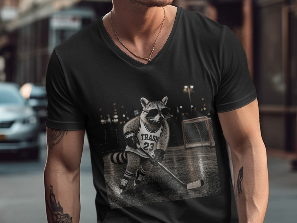 Black t-shirt with graphic of raccoon playing hockey, wearing "TRASH 23" jersey.