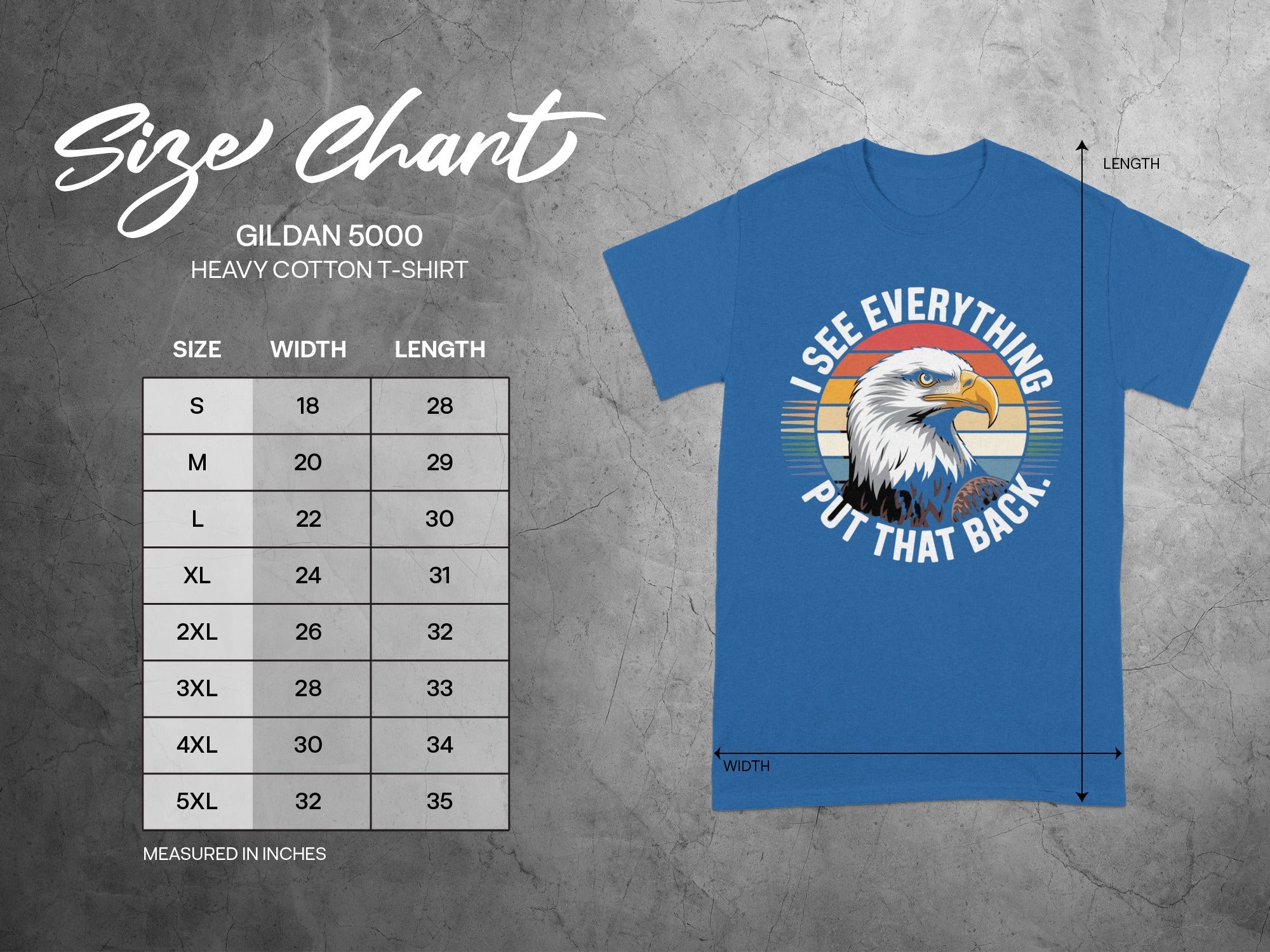 Gildan 5000 size chart for heavy cotton t-shirts with eagle graphic.