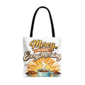 Tote bag with "Mercy Is New Every Morning" text and steaming coffee cup at sunrise.