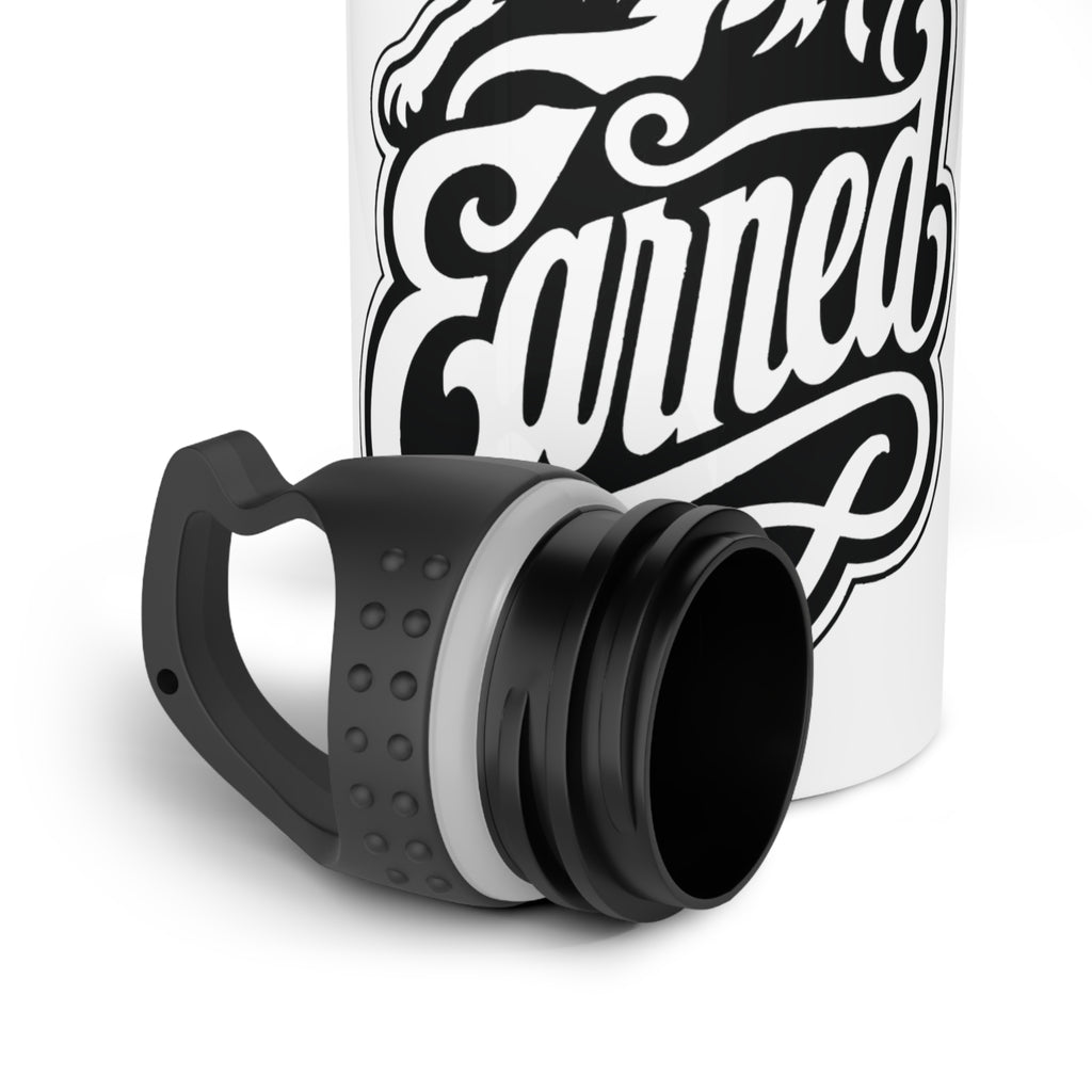 White water bottle with black "Earned" graphic and detached black cap.