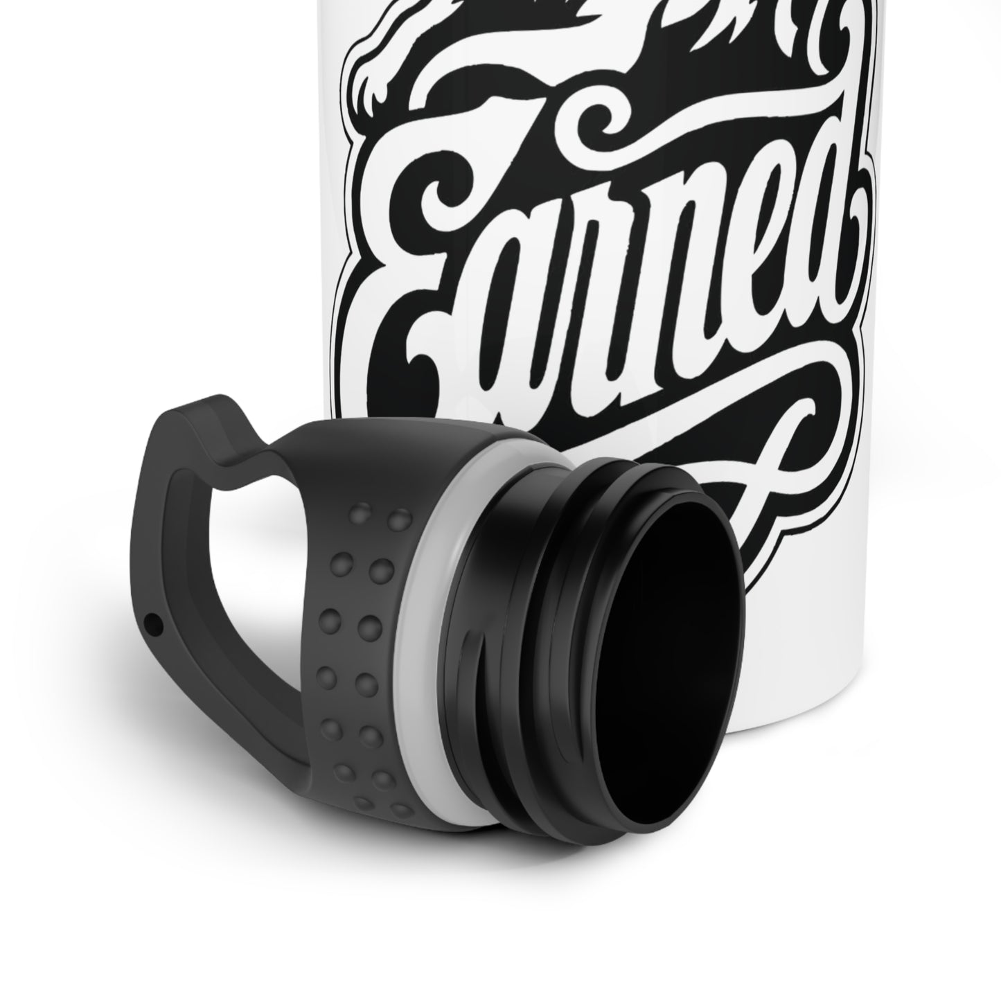 White water bottle with black "Earned" graphic and detached black cap.
