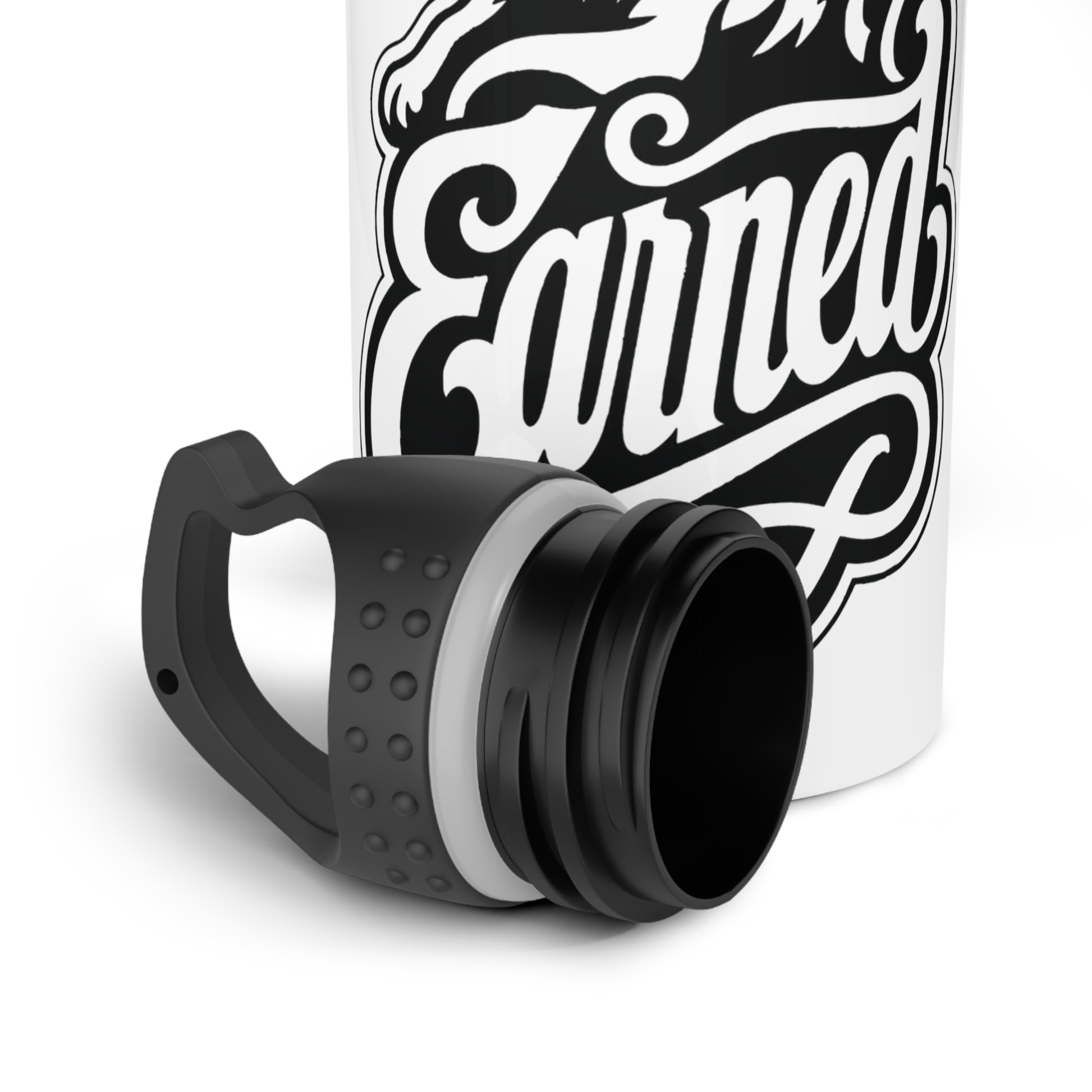 White water bottle with black "Earned" graphic and detached black cap.