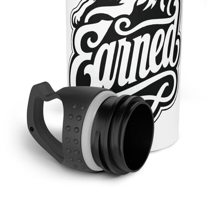 White water bottle with black "Earned" graphic and detached black cap.