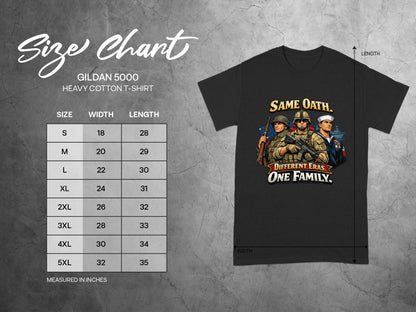 Gildan 5000 heavy cotton t-shirt with size chart and graphic.