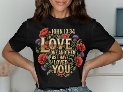 Black t-shirt with "Love One Another As I Have Loved You" and John 13:34.