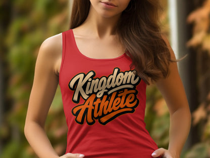 Red tank top with "Kingdom Athlete" text in cream and orange.