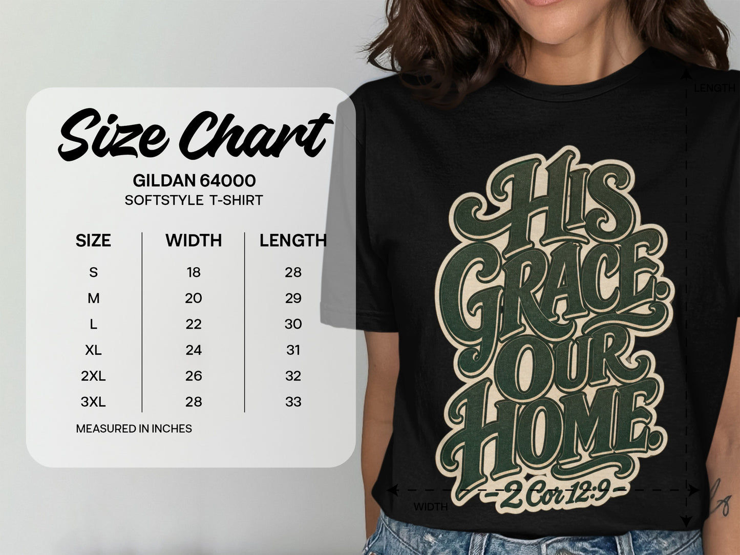 Gildan 64000 Softstyle t-shirt size chart with measurements for width and length.