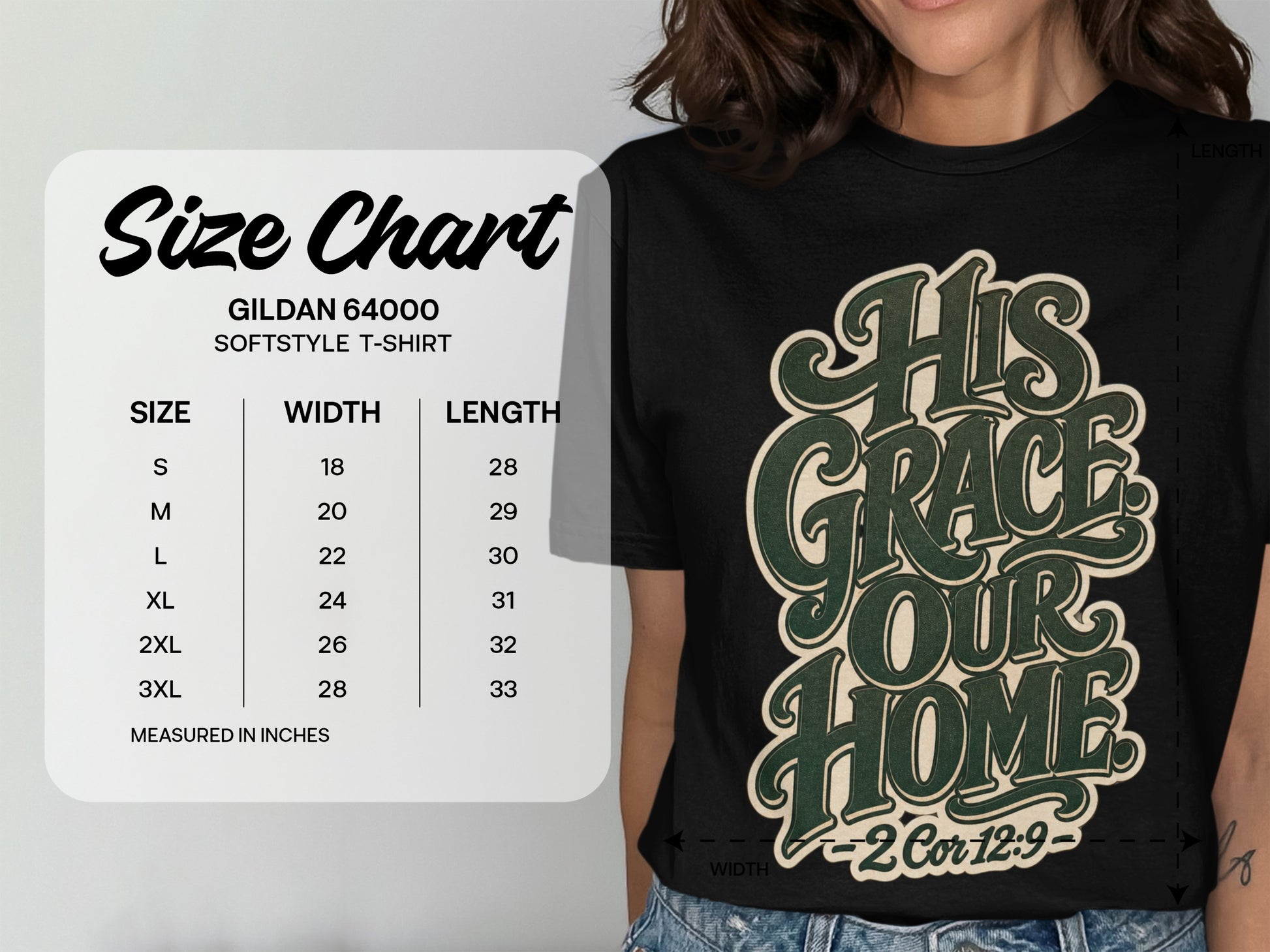 Gildan 64000 Softstyle t-shirt size chart with measurements for width and length.