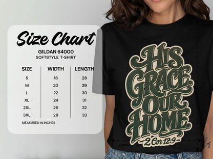 Gildan 64000 Softstyle t-shirt size chart with measurements for width and length.