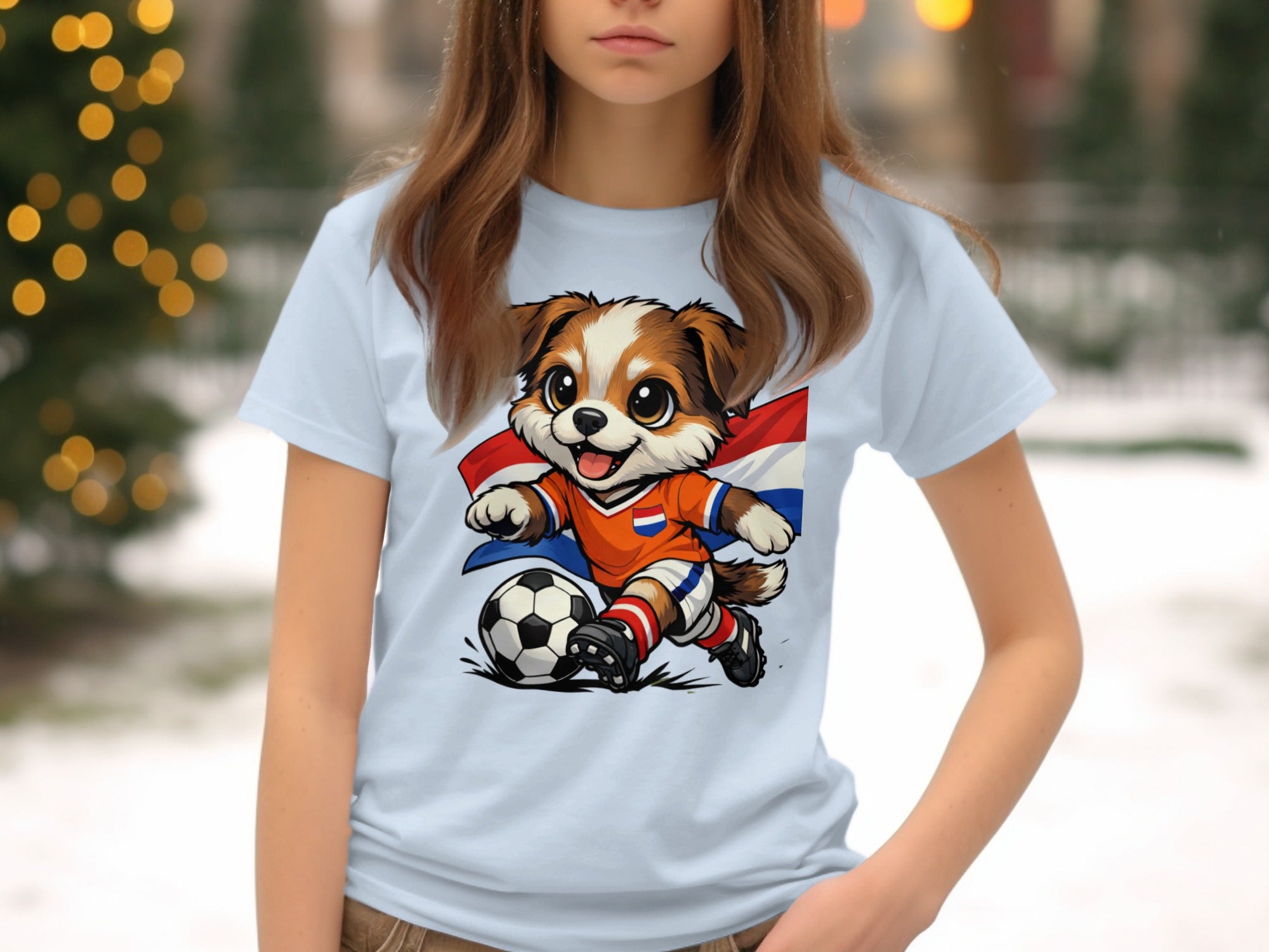 Cartoon dog wearing Dutch soccer jersey kicks soccer ball, with Dutch flag.