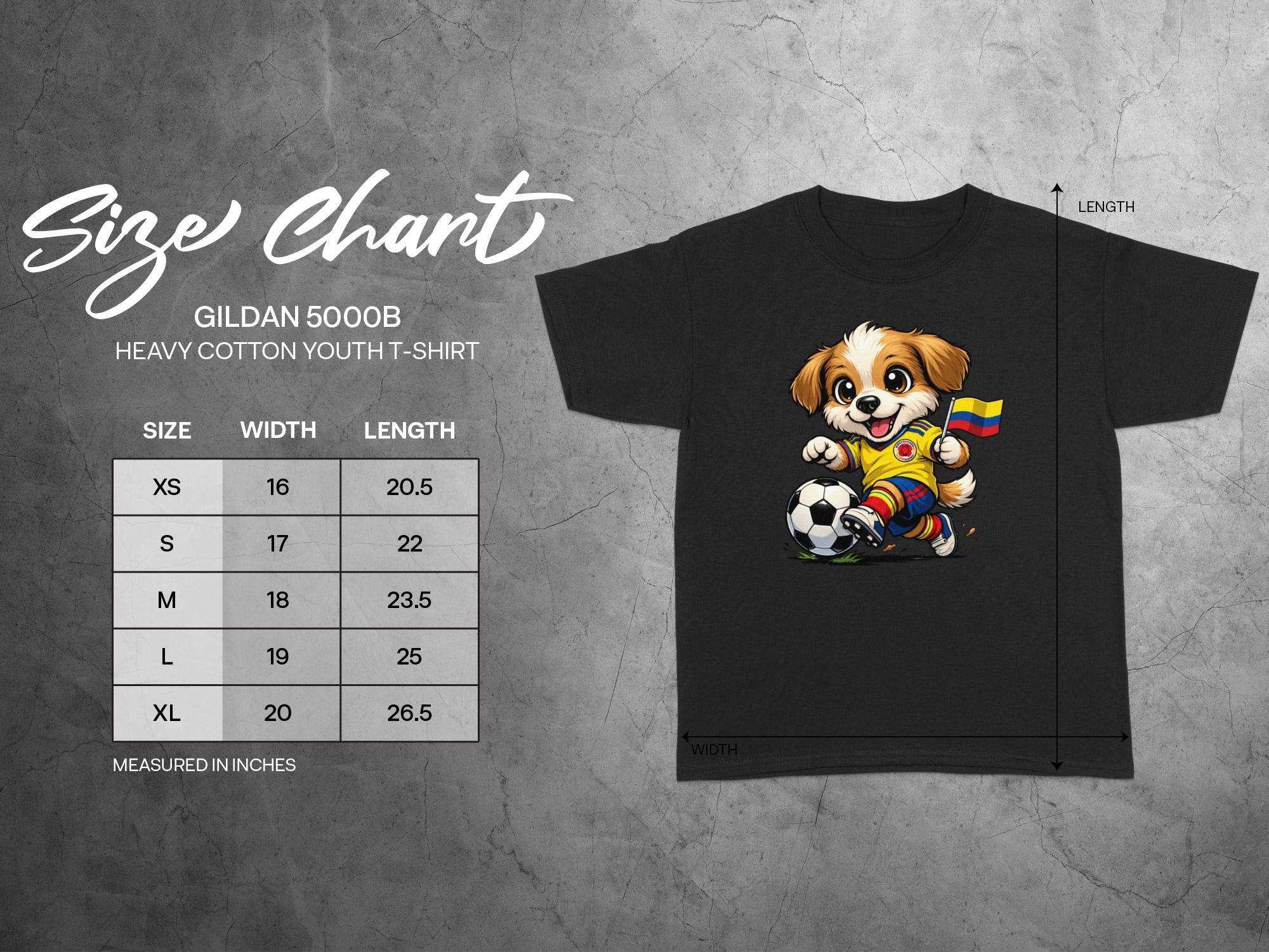 Gildan 5000B youth t-shirt size chart with dog graphic playing soccer.