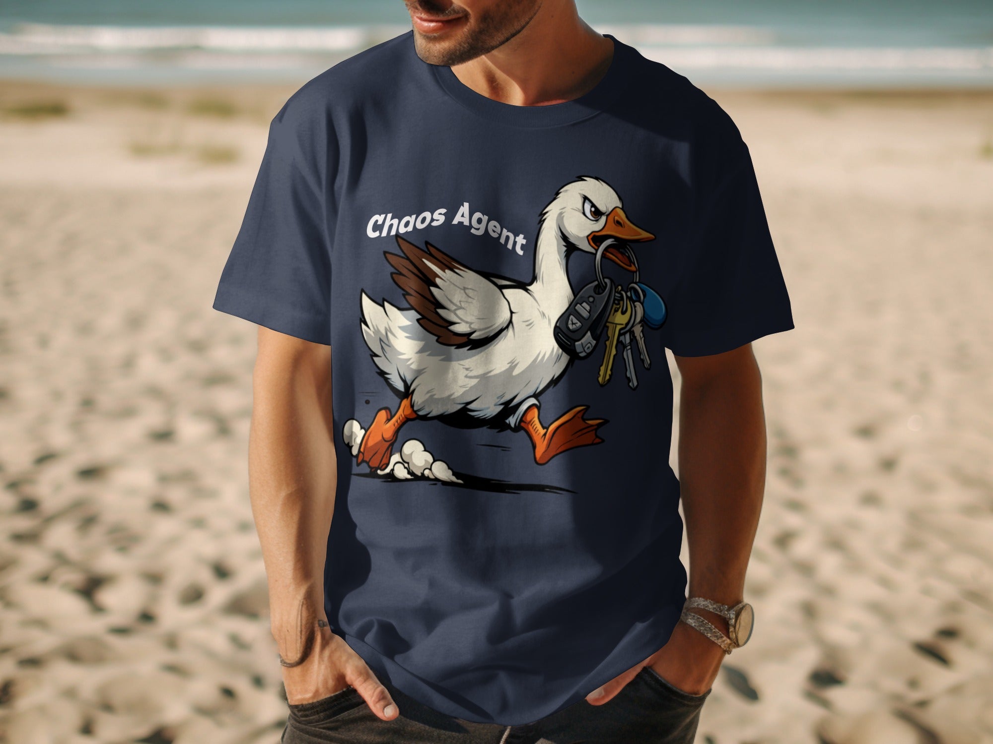 Goose wearing a shirt that says "Chaos Agent" and carrying keys in its beak.