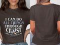 Brown t-shirt with "I CAN DO ALL THINGS THROUGH CHRIST" and Philippians 4:13.