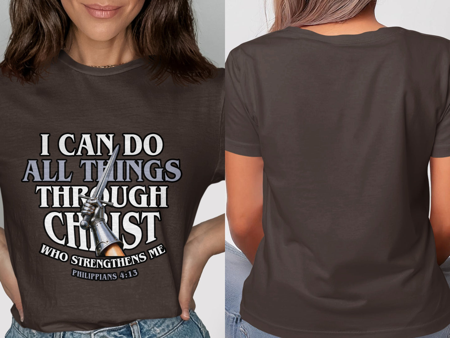 Brown t-shirt with "I CAN DO ALL THINGS THROUGH CHRIST" and Philippians 4:13.