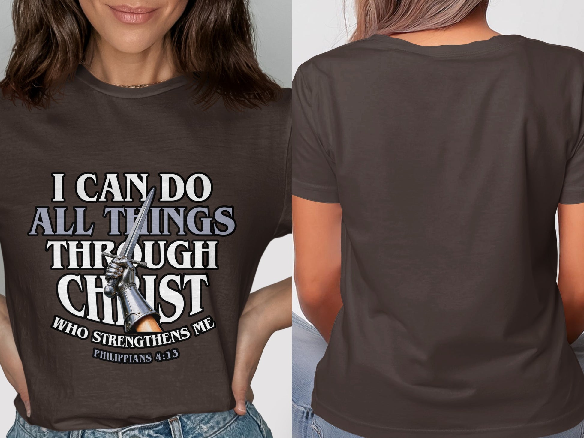 Brown t-shirt with "I CAN DO ALL THINGS THROUGH CHRIST" and Philippians 4:13.