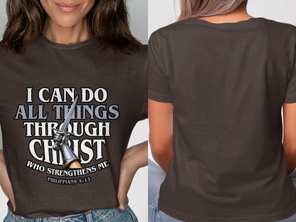 Brown t-shirt with "I CAN DO ALL THINGS THROUGH CHRIST" and Philippians 4:13.
