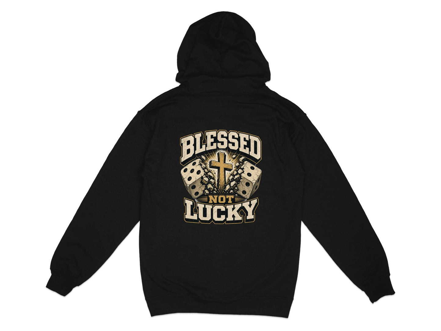 Black hoodie with a graphic on the back showing dice, a cross, and text.