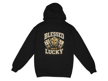 Black hoodie with a graphic on the back showing dice, a cross, and text.