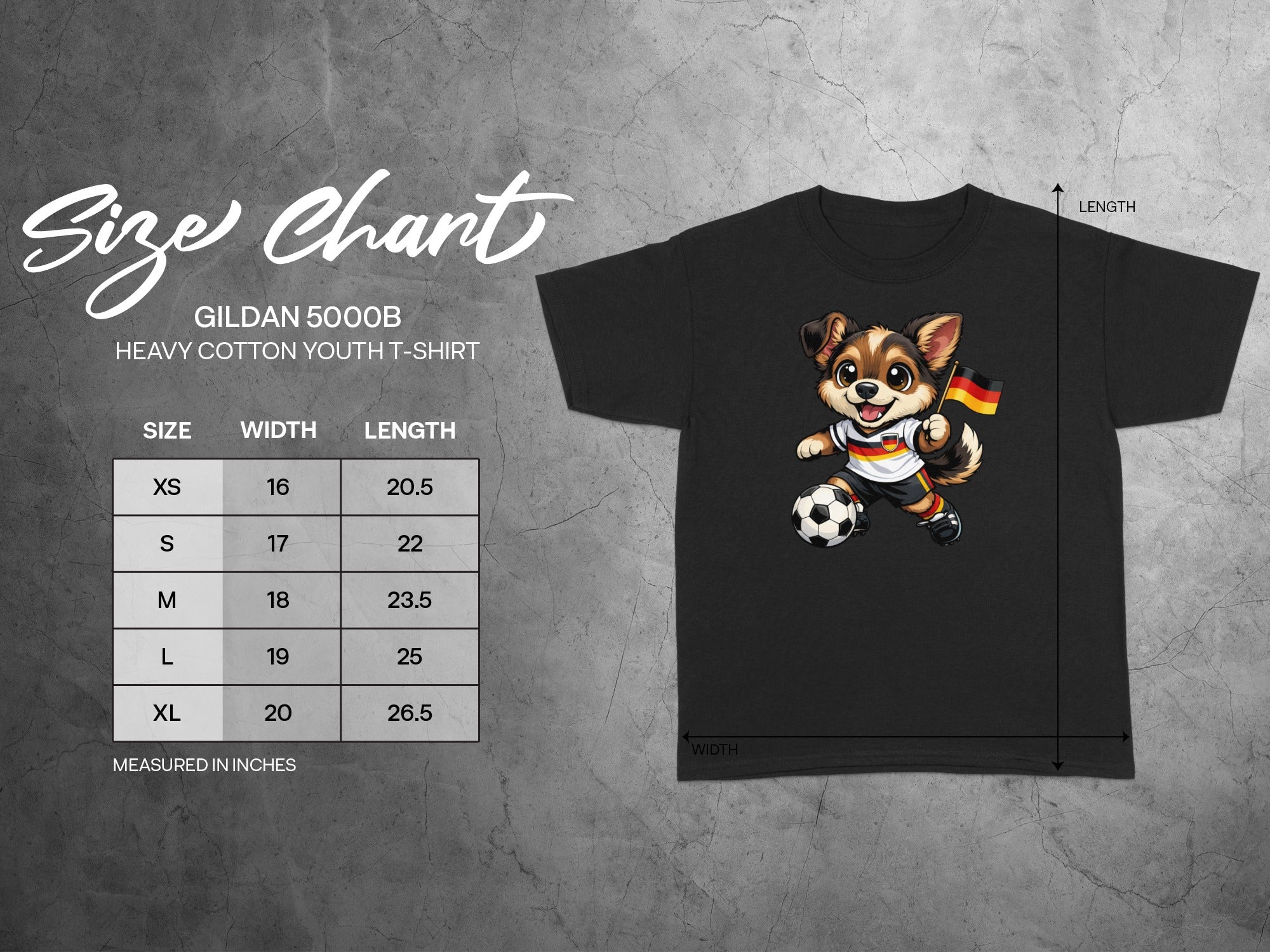 Size chart for Gildan 5000B youth t-shirt with cartoon dog and soccer ball.