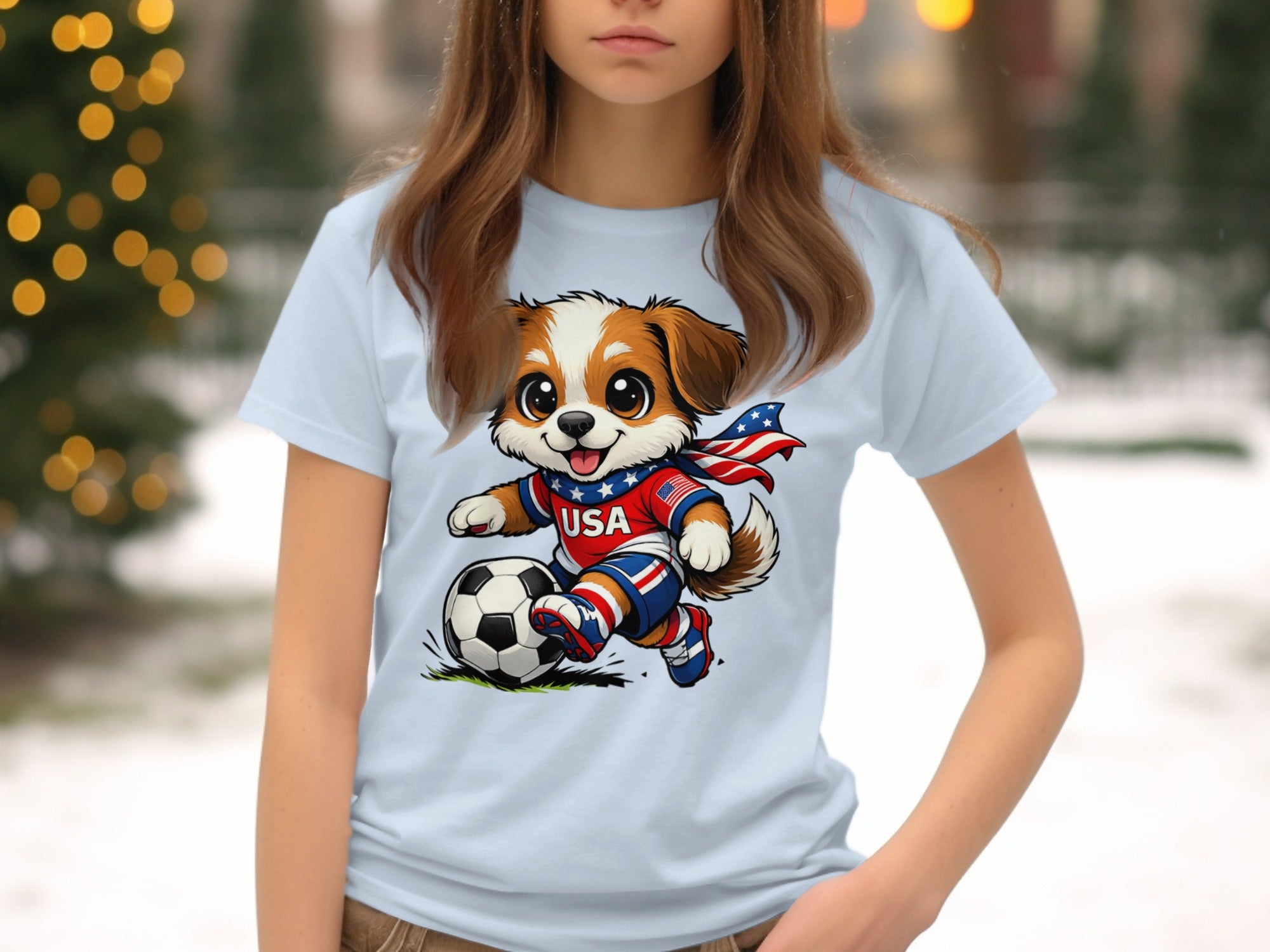 Cartoon dog wearing USA soccer uniform plays with a soccer ball.