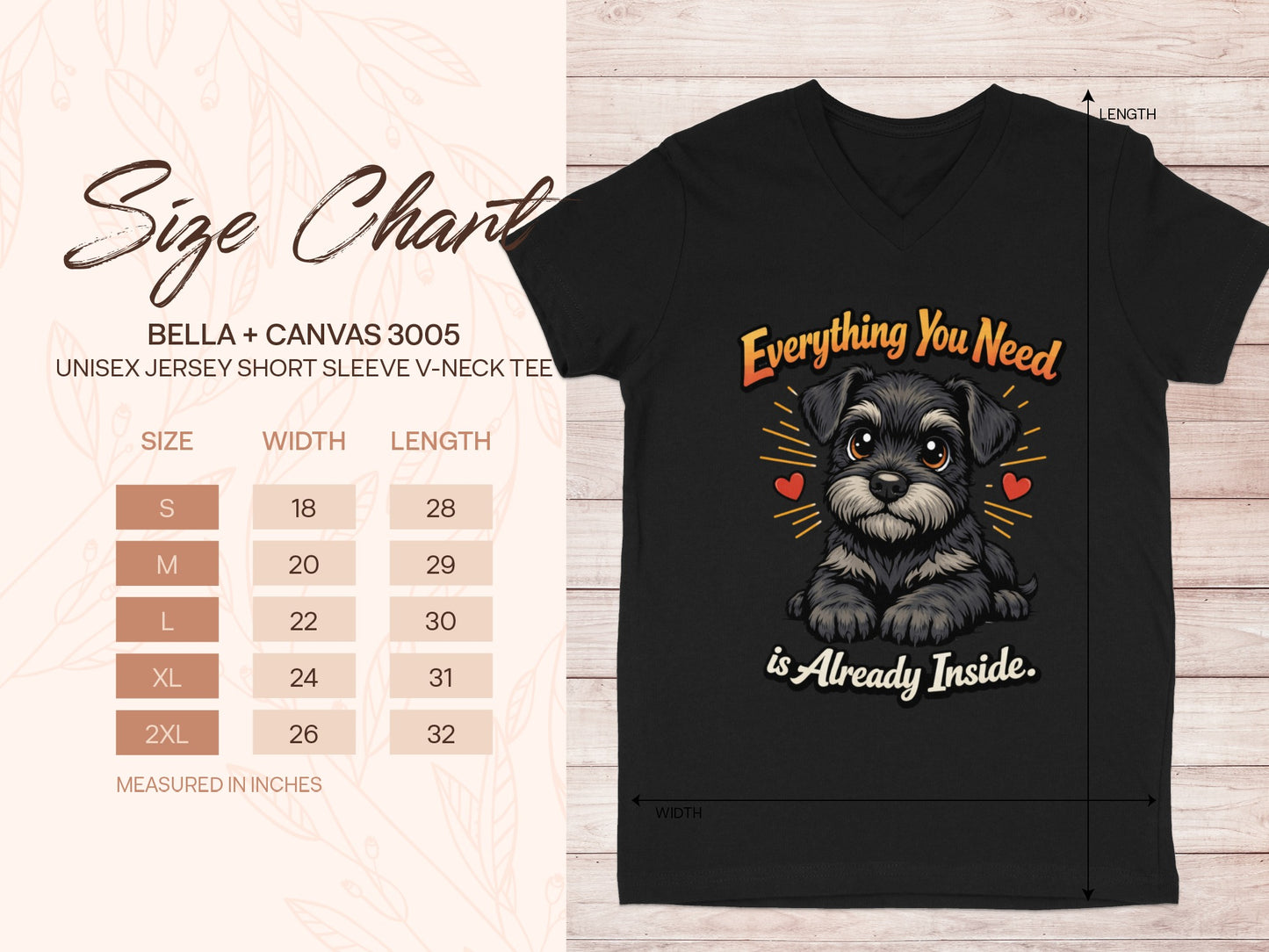 Bella + Canvas 3005 size chart with a black t-shirt featuring a dog graphic.