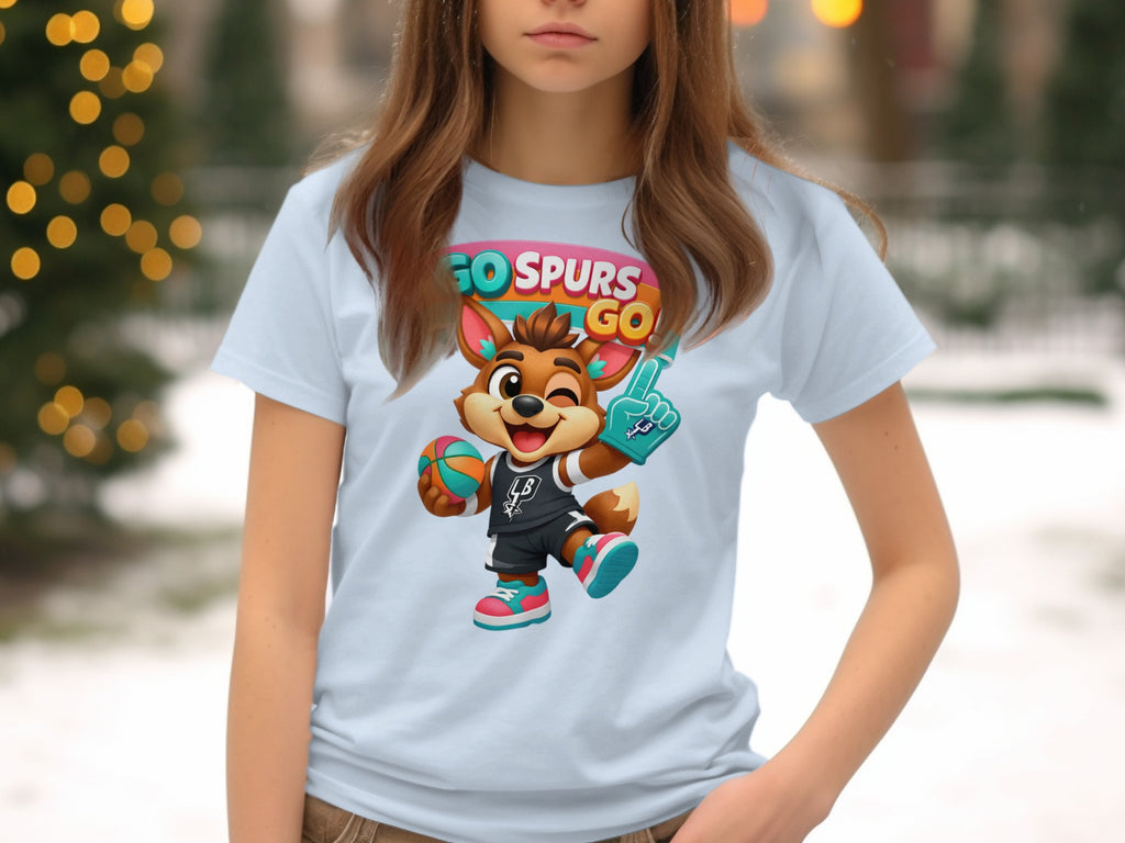 Cartoon fox in basketball uniform holding ball, "GO SPURS GO" text.