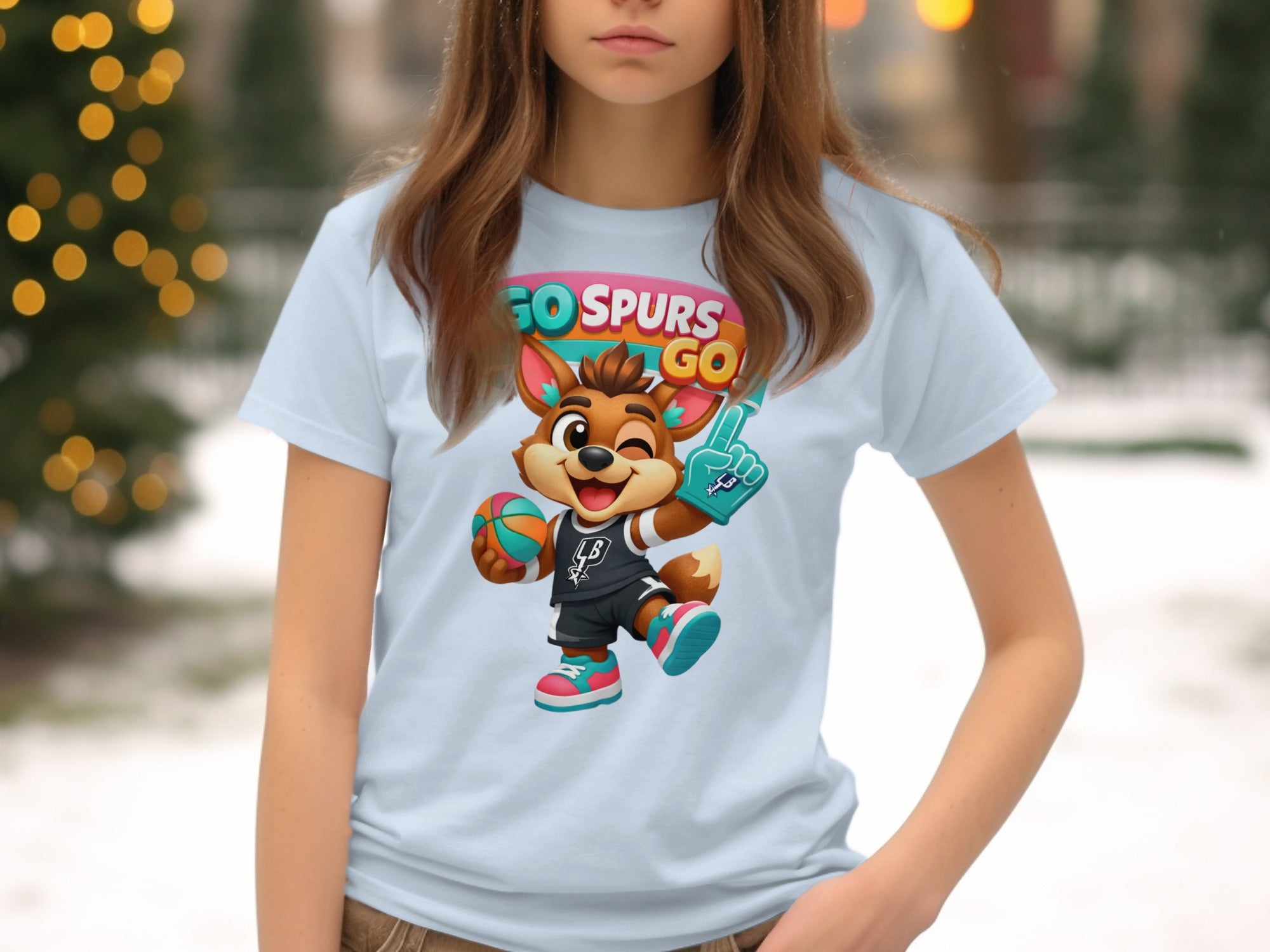 Cartoon fox in basketball uniform holding ball, "GO SPURS GO" text.